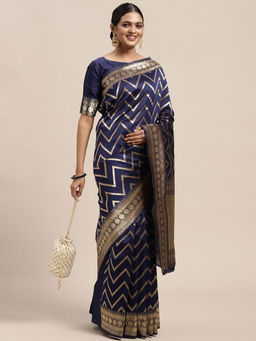 Sareemall - Womens Silk Blend Navy Blue Woven Design Woven Saree with Unstitched Blouse