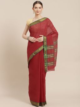 ISHIN - Womens Cotton Blend Maroon Solid Woven Saree with Unstitched Blouse