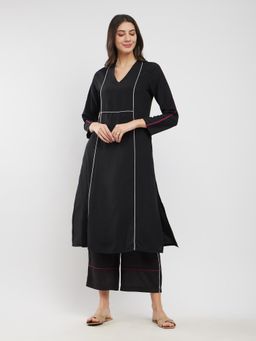 Pink Fort - Black Rayon Solid Contrast Piping Kurta with Palazzo (Set of 2)