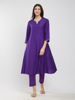 Pink Fort - Purple Rayon Solid Lace Detail Kurta with Pant (Set of 2)