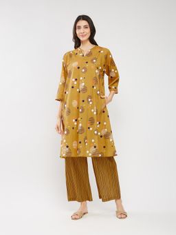 Pink Fort - Cotton Print Play A-Line Kurta Set - Mustard