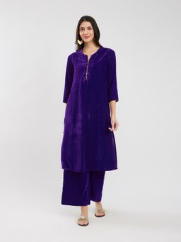 Pink Fort - Purple Velvet A-Line Kurta with Palazzo (Set of 2)