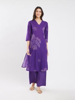 Pink Fort - Purple Cotton Floral Kurta with Palazzo (Set of 2)