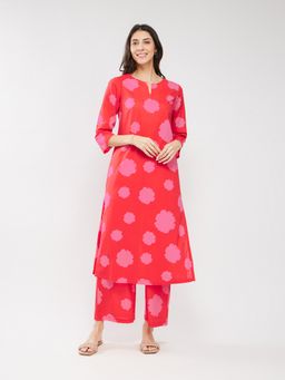 Pink Fort - Pink Cotton Floral Kurta with Palazzo (Set of 2)