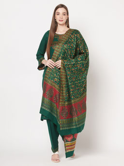 Safaa - Women Winter Acro Wool Woven Suit With Stole Unstitched Dress Material-Green