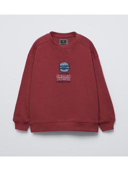 Alan Jones - Dark Red Boys Cotton Placement Print Oversized Sweatshirt
