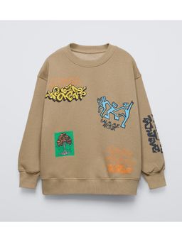 Alan Jones - Light Brown Boys Cotton Placement Print Oversized Sweatshirt