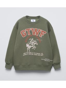 Alan Jones - Khaki Boys Cotton Placement Print Oversized Sweatshirt