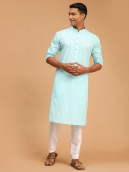 Vastramay - Mens Aqua Blue and White Cotton Linen Kurta Pyjama (Set of 2)