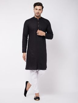 Vastramay - Mens Black and White Cotton Linen Kurta Pyjama (Set of 2)