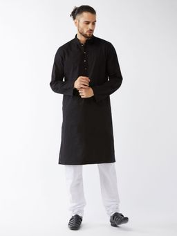 Vastramay - Mens Black and White Cotton Linen Kurta Pyjama (Set of 2)