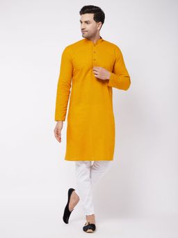 Vastramay - Mens Mustard and White Cotton Linen Kurta Pyjama (Set of 2)