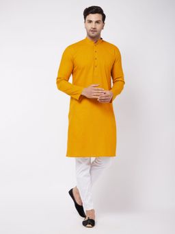 Vastramay - Mens Mustard and White Cotton Blend Kurta Pyjama (Set of 2)