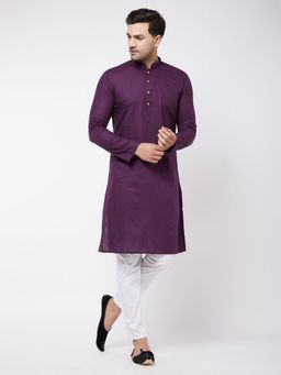 Vastramay - Mens Purple and White Cotton Linen Kurta Pyjama (Set of 2)