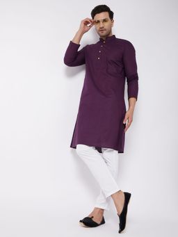 Vastramay - Mens Purple and White Cotton Linen Kurta Pyjama (Set of 2)