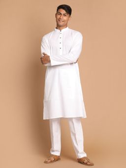 Vastramay - Mens White Cotton Blend Kurta Pyjama (Set of 2)
