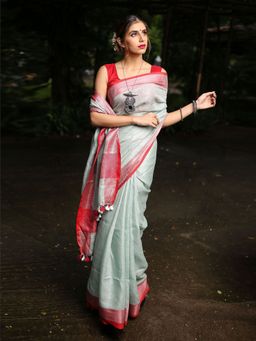 Beatitude - Grey Shade Handwoven Linen Saree Zari Border with Unstitched Blouse