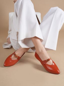 Drop Bold - Orange Textured Pointed Toe Ballerinas with Buckle Detail for Women