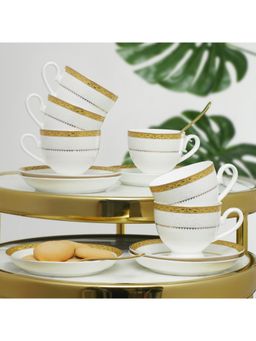 HomeTown - Amour Bone China Cup & Saucer Set Of 12 In Real Gold Plating & White Colour