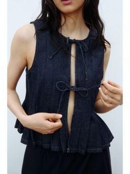 H&M - Women Blue Tie-Detail Denim Waistcoat