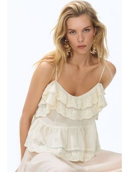 H&M - Women Beige Embroidered Flounced Top