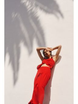 H&M - Women Red Pleated Linen-Blend Skirt