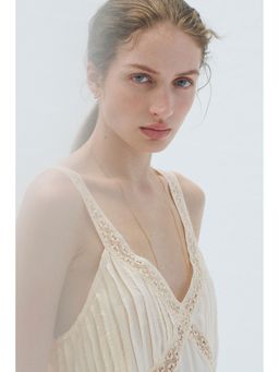 H&M - Women Beige Lace-Trimmed Pintucked Top