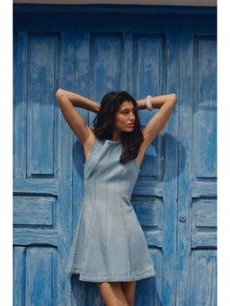 H&M - Women Blue Flared-Skirt Denim Dress
