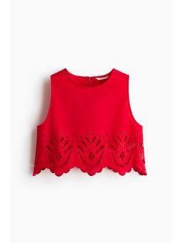 H&M - Women Red Linen-Blend Broderie Anglaise Crop Top