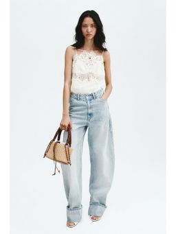 H&M - Women White Linen-Blend Lace-Detail Top