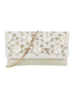 Metro - Embellished Leather Beige Wedding Clutch