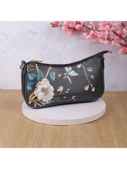 Mochi - Floral Faux Leather Black Casual Sling Bag
