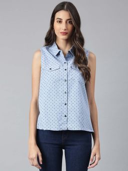 Xpose - Women Blue Polka Dots Shirt Style Top