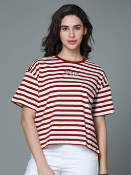 High Star - Striped Round Neck Drop-Shoulder Sleeves Cotton Boxy T-shirt