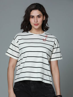 High Star - Striped Round Neck Short Sleeves Cotton Boxy T-shirt