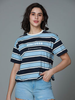 High Star - Striped Round Neck Drop-Shoulder Sleeves Cotton Boxy T-shirt