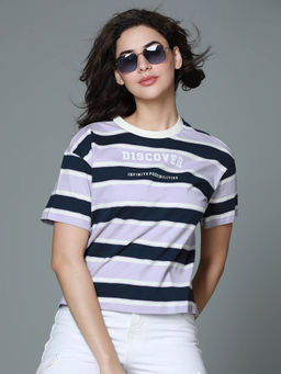 High Star - Striped Round Neck Drop-Shoulder Sleeves Cotton Boxy T-shirt