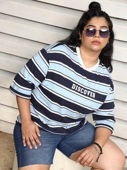 High Star - Plus Size Striped Drop-Shoulder Sleeves Cotton Boxy T-shirt