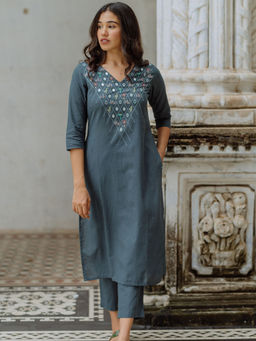 Okhai - River Bed Hand Embroidered Mirror Work Kurta Pant (Set of 2)