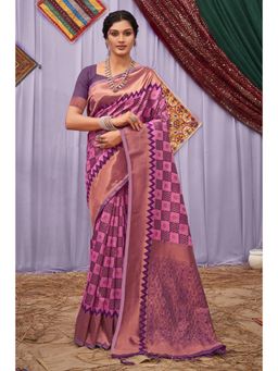 Sangam Prints - Purple Cotton Woven Zari Work Traditional Tassel Saree with Unstitched Blouse