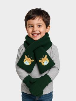 Mi Arcus - Solid Green Sherpa Fabric Muffler and Mittens for Kids
