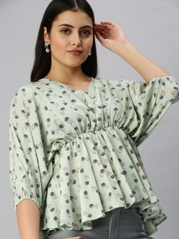 SHOWOFF - Women V-Neck Balloon Sleeves Floral Green Top