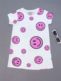 Be Awara - Smiley Print Girls T-Shirt Dress - White