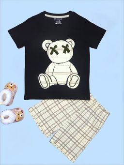 Be Awara - Teddy Print Half Sleeves T-Shirt & Shorts - Black (Set of 2)