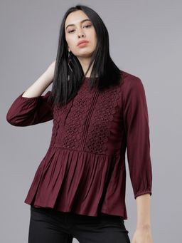 TOKYO TALKIES - Maroon Lace Inserts Peplum Top