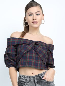 TOKYO TALKIES - Checked Off-Shoulder Bardot Crop Top
