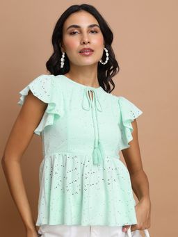 TOKYO TALKIES - Self Design Tie-Up Neck Schiffli Detail Peplum Top