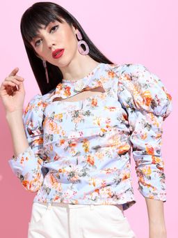 TOKYO TALKIES - Blue Women's Ruched Cut Out Top