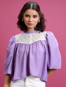 TOKYO TALKIES - Solid Lace Panel High Neck Top