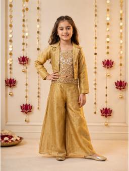 Tiny Kingdom - Gold Synthetic Full Sleeves Embroidered Top With Palazzo & Jacket